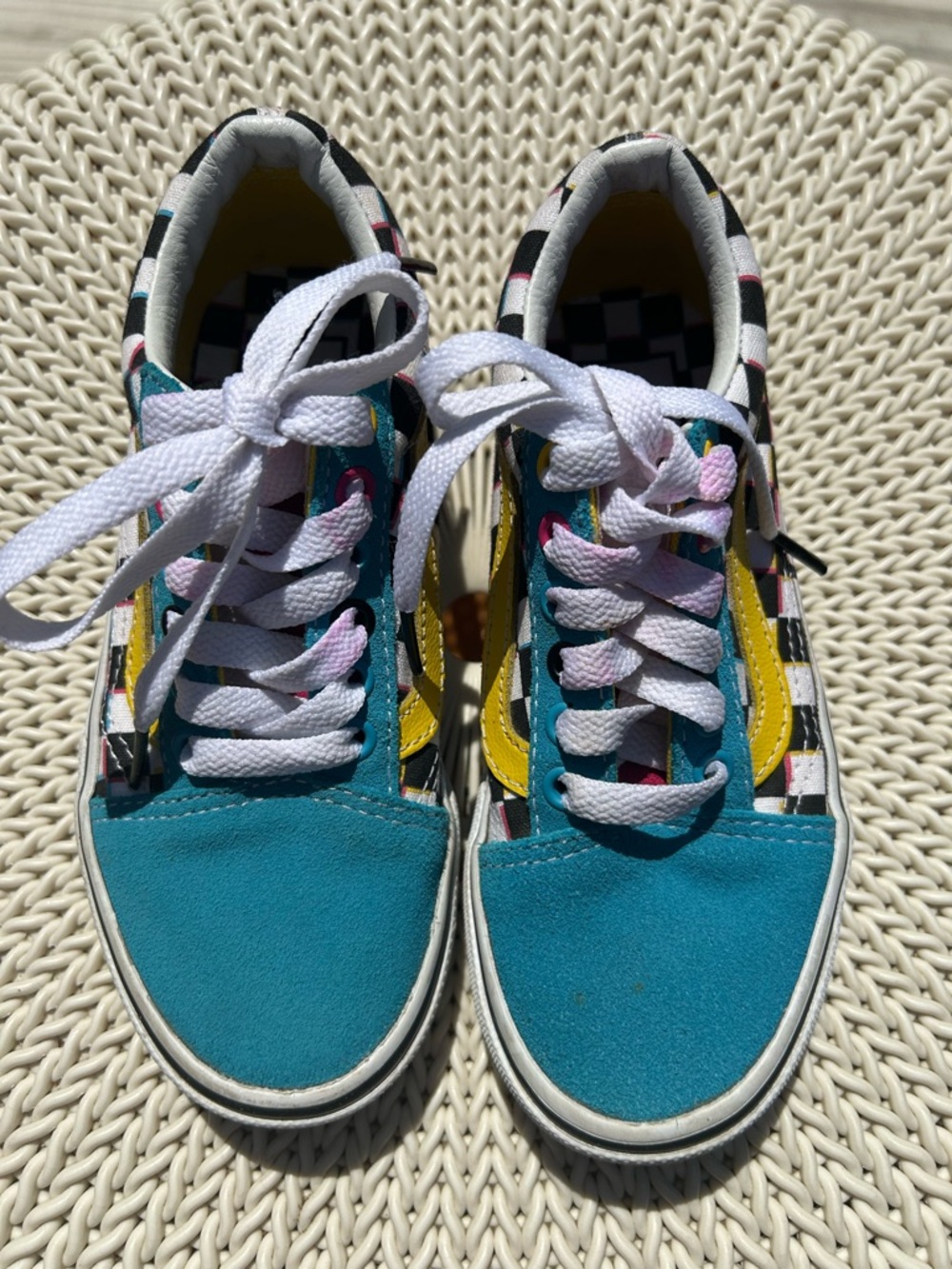 EUC Vans kids size 13 Low-Top Canvas Sneakers in Teal, pink, and yellow accent